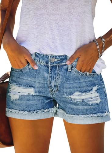 JOCAFIYE Womens Shorts Stretchy Ripped Jean Shorts High Waisted Folded Hem Shorts for Women