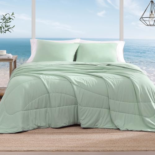 Monbix ChillChilla Cooling Comforter Queen Size-3 Pieces Cooling Blankets for Hot Sleepers and Night Sweats, Double-Sided Summer Queen Comforter Set, Breathable Lightweight Blanket Grey Green