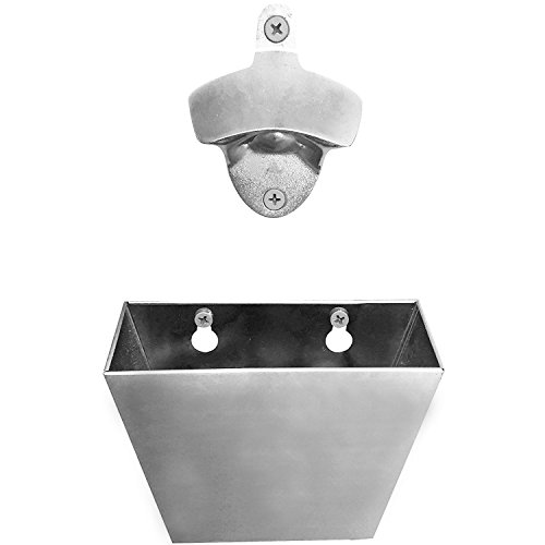 Hofumix Bottle Opener with Catcher Gear Bottle Opener Catcher Bundle Wall Mounted Beer Soda Cap Catcher Box Stainless Steel Cap Catcher for Holding Caps with Mount Screws