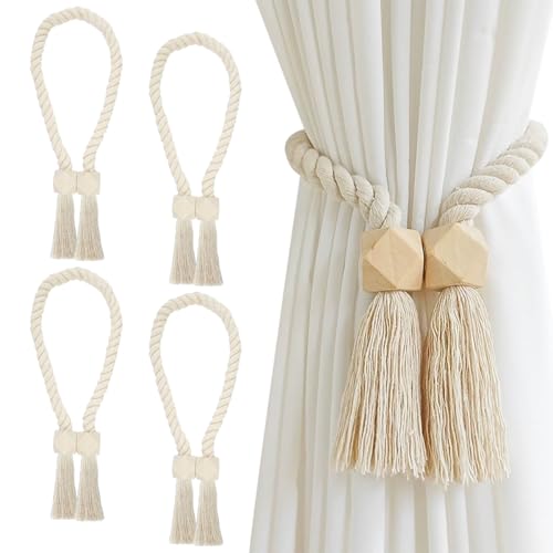 4 Piezas Abrazaderas Magnética para Cortinas, 60Cm Beige Abrazaderas Cortinas Alzapaños Cortinas Cuerda de Algodón, Moderna Recoge Cortinas para la Decoración de la Ventana del Hotel Home Office