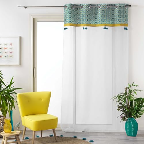 Douceur d'Intérieur, Voilage à Oeillets (140 x 240 cm) Callao Bleu, Voile Sablé avec Top Imprimé