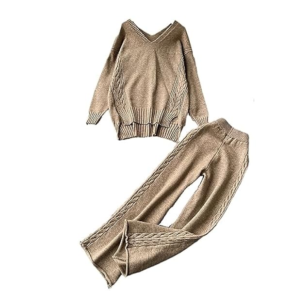 DUOTCYELE Abito Caldo in Maglia - Set Loungewear Abito in Maglia Ampia da Donna Autunnale Pullover A Maniche Lunghe con Scollo A V E Pantaloni A Gamba Larga con Elastico in Vita Set Casual in Due PE