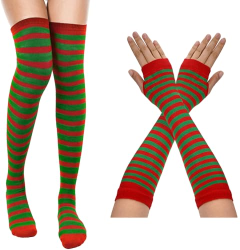 MESU Women Striped Thigh High Socks and Fingerless Gloves Set