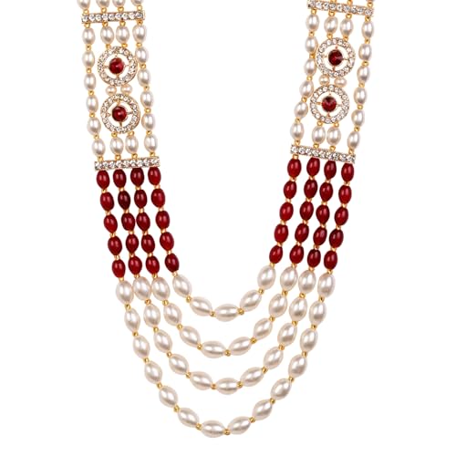 Image of I Jewels 4 Layered Traditional Gold Plated Dulha Moti Mala with Beaded Maharaja Haar /Groom Necklace for Men