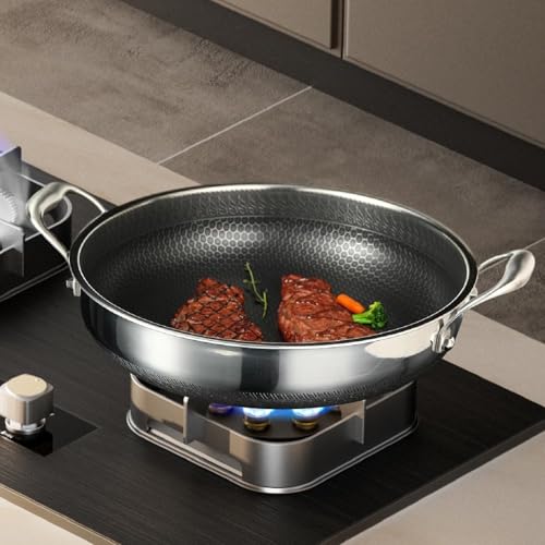 ALMEKAQUZ Stainless Steel Paella Pan, 34CM Paella Pan with Lid, Tri-Ply Nonstick Large Honeycomb Skillet, Stainless Steel Cookware, Induction Pan, Skillets for Outdoors, Camping, Parties