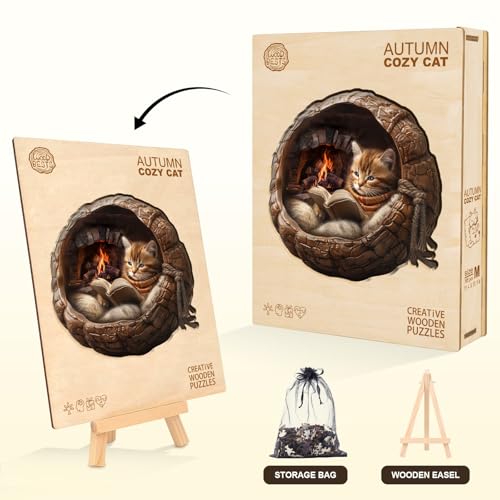 Rompecabezas de madera para adultos, 13.4 x 13.2 pulgadas, 270 piezas, Rompecabezas Gato Acogedor de Otoño con efecto visual 3D miniatura 4