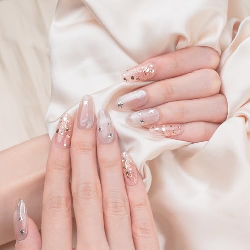 Sun&Beam Nails 手作り ネイルチップ ミディアム ロング オーバル グレー つけ爪 ストーン 星 手描き デザイン おしゃれ 付け爪 10枚入 (#236 L)