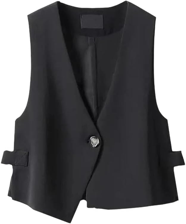 Women's Black Vest Single Button V Neck Sleeveless Office Cropped Length Daily Wear Suit Vests