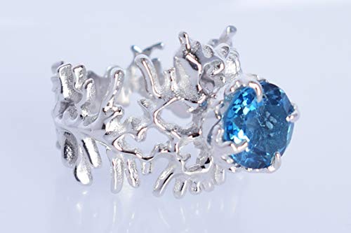 Bague topaze bleue de Londres ronde en argent sterling 925 d'exception
