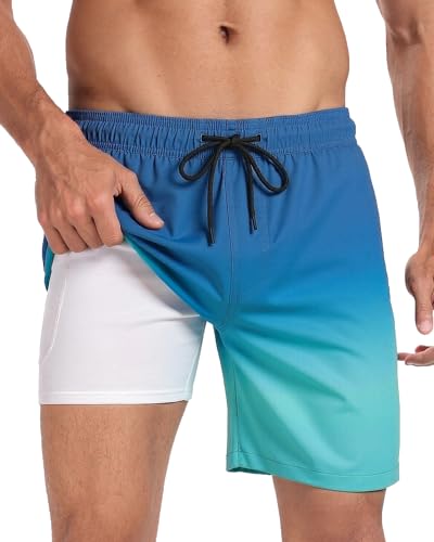 Image of Mens Swim Trunks with Compression Liner 2 in 1 Quick Dry Swimming Shorts Swimwear Bathing Suits with Pockets, 7 Inch-Gradient Design,L