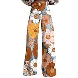 Sinzelimin Women's Wide Leg Pants Fashion Boho Style Faux Denim Print Button Zipper Closure Casual Pocket Palazzo Sweatpant Orange Small