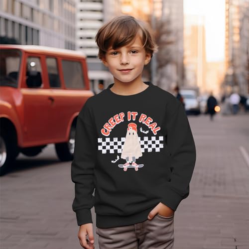 Kids Boy Girl Halloween Sweatshirt Ghost Creep It Real Crewneck Sweater Shirt Tops Spooky Season Fall Clothes 7-13Y4