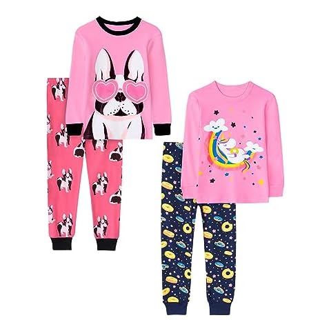 Vopawetty Girls 4-Piece Pajamas Cotton Christmas Pjs Set Kids Sleepwear (Pink Unicorn/Pink Dog, 7) Cover