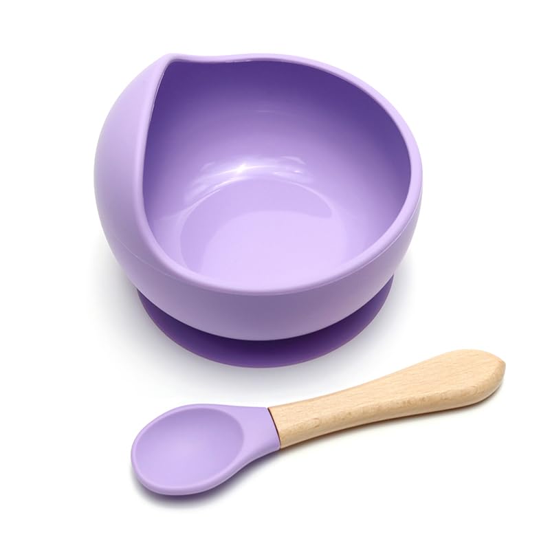 Image of Kids Station Easy to Carry Silicone Baby Feeding Set - Bowl - Spoon - Make Mealtime Fun and Easy - Tableware Meal Utensils for Kids with Suction - Baby Feeding Product - (Set of 2, Purple)