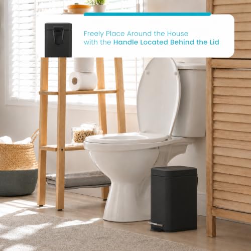Image of Home Zone Living 1.3 Gallon Small Bathroom Trash Can with Lid and Step Pedal, Stainless Steel Wastebasket with Slim Design for Home and Office, Matte Black, 5 Liters