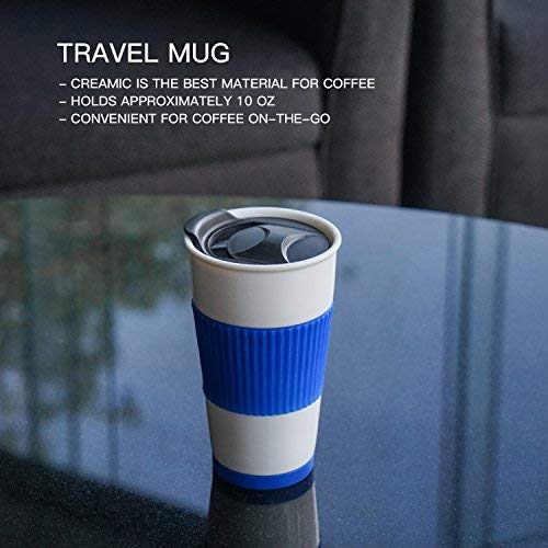 Udmg Ceramic Double Wall Insulated Travel Coffee Cup With Slider Lid, Silicone Sleeve & Built-In Coaster, 10 Fl.oz (Blue) #TOP3