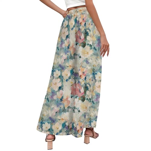 Floral Wide Leg Pants Women Elastic Waist Summer Beach Pant Side Slit Flowy Boho Trouser Tropical Lounge Baggy Jogger4