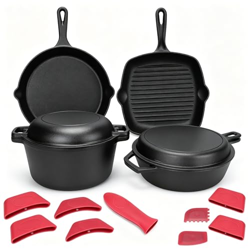 GFTIME Lot de 5 ustensiles de cuisine en fonte avec Dutch Oven 5 QT, cocotte 3,2 QT avec couvercle de poêle, poêle à griller 28 cm, poêle à frire 30,5 cm,...