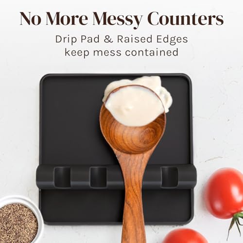 Cooler Kitchen Black Silicone Spoon Rest for Stove Top with Drip Pad (Two Pack) - Heat-Resistant, BPA-Free Utensil Rest & Spoon Holder for Kitchen Counter - Grill Utensil Holder for Spatulas - Thumbnail 3