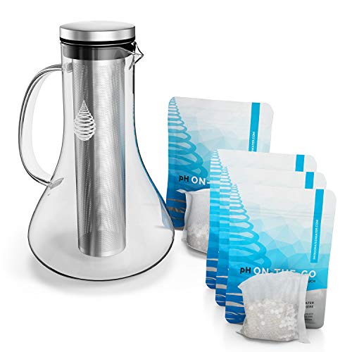 pH Replenish Glass Alkaline Water Pitcher by Invigorated Water - High pH Filtered Water Purifier - Includes Long Life Filter, 61oz (1800ml) + pH ON-The-GO Alkaline Water Filter Pouch 100g 3 pk