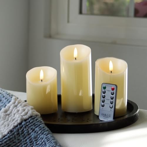 Image of Rechargeable Flameless Candles Set of 3 | Real Wax LED Pillar Candles with Remote & Timer | Realistic Flickering Flame | Battery Operated | for Thanksgiving, Holiday, Halloween Decoration & Gift
