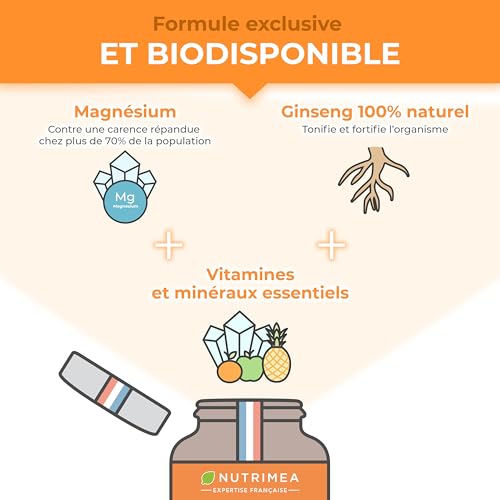 Multivitamines et Minéraux - 16 Vitamines & Minéraux + GINSENG - Vitamines A, B6, B9, B12, C, D3, E, Magnésium, Fer, Zinc & Calcium - Energie, Vitalité, Puissance - Fabrication Française - Nutrimea – Image 5