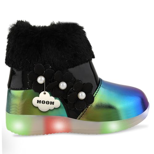 Image of Hooh Kids Girls LED Light Up Shoes Cum Boots with Faux Fur Trim and Flower Applique for 0 Months to 12 Years (for Greater Than 5 Years Age vs Size Chart in Images)