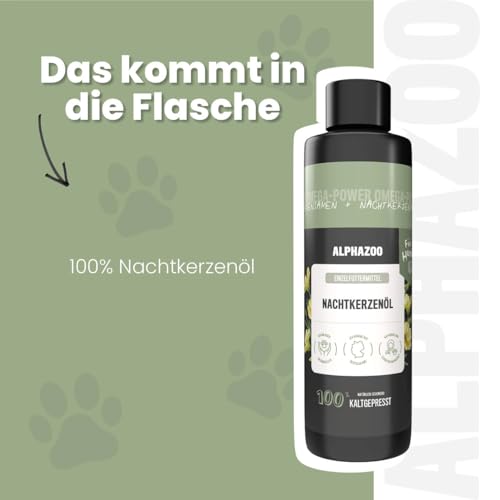 alphazoo Premium Nachtkerzenöl für Hunde 250ml – Kaltgepresst & 100% natürliches Futteröl, reich an Omega-6 & Omega-9 – Unterstützt glänzendes Fell & gesunde Haut, ideal bei Allergien