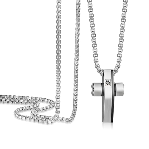 Cross Necklace for Men, Stainless Steel Christian Cross Pendant Necklaces for Men, Silver Chain Necklace for Men, Fade-Resistant, Stylish Jewelry Gift for Him