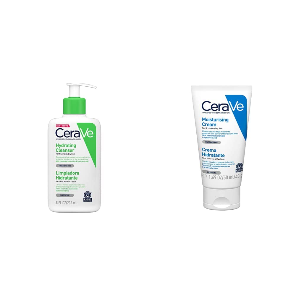 CeraVe Limpiadora Hidratante |237ml| Limpiador facial diario para piel seca | Libre de fragancia + crema hidratante |50ml| hidrante diario para rostro y cuerpo para piel seca