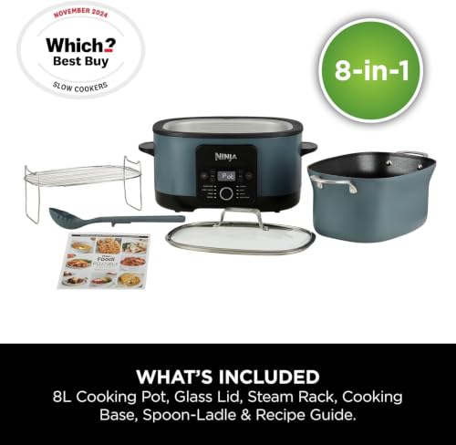 Image of Ninja Foodi PossibleCooker, 8-in-1 Slow Cooker with Removable Non-Stick Pot, Steaming Rack, Integrated Spoon & Glass Lid, Slow Cook, Sear, Ember, Steam & More, 8 Servings, 8L, Sea Salt Grey MC1001UK