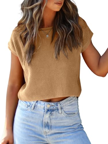 Image of LCXWFE Womens Summer Cropped Sweater Vest Trendy Cap Sleeve Crop Tops Crew Neck Loose Knit Tank Top