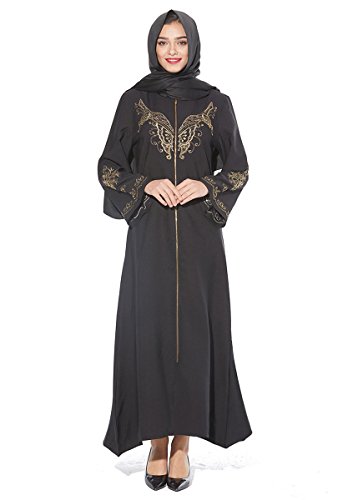 Wincolor Women's Muslim Kaftan Dubai Islamic Abayas Long Sleeve Zipper Front Maxi Long Dress Black