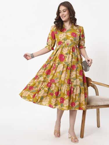 Image of PIDAVLIYA'S Women's Floral Summer Maxi Dress I Cotton Printed I One Piece Bodycon Midi Dress with V-Neck, Puffed Sleeves