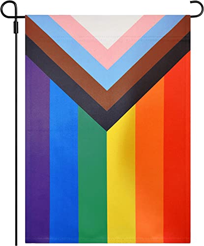 Progress Pride Gay LGBTQ Rainbow Garden Flag 12.5X18 Inch Ootdoor Double Sided Indoor Wall All Inlcusive Bisexual Gay Lesbian Transgender Non Binary Community Yard Small Flags Banner