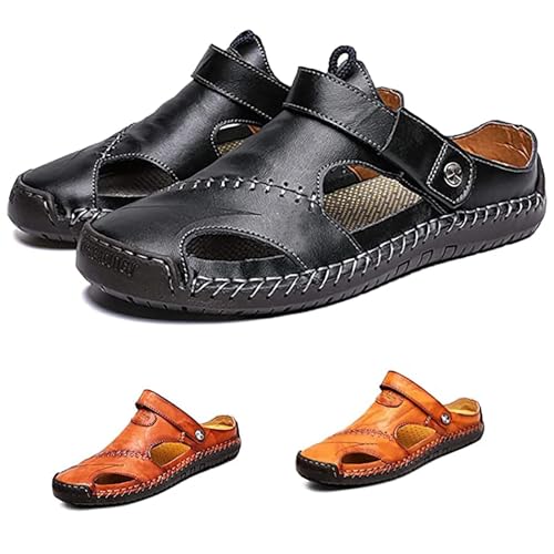 Preisvergleich Produktbild RUIZE Herren Ledersandalen,Herren Sandalen mit geschlossener Zehe Atmungsaktive Anti-Rutsch Slipper,Sommer Atmungsaktive Strand Wanderschuhe Slipper,Schwarz,40