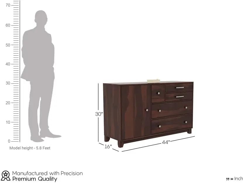 Image of Solid Sheesham Wood Sideboard Cabinet Storage with 2 Door & 4 Drawer Wooden Storage Organizer Cabinet for Home Kitchen Living Room Bedroom Hallway Dinning | Walnut Finish | Pre-Assembled