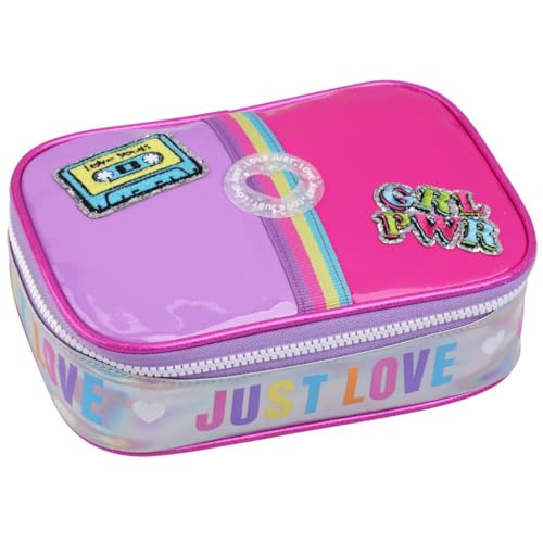 Estojo Escolar, Capacidade para 100 Lápis, com Divisórias e Elásticos, Fecho em Zíper, Material Reforçado, P/Menina Infantil Criança (Estojo Escolar Love Just Stickers)