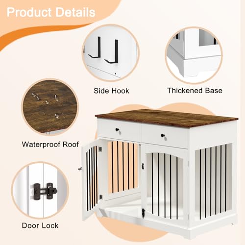 BREEZEHEAT Dog Crate Furniture, 40 inch Farmhouse Dog Kennel with Drawers-Wooden Pet Crate End Table, Double Door Design, Decorative Dog House Indoor for Small Medium Large Dog,Off White - Image 7