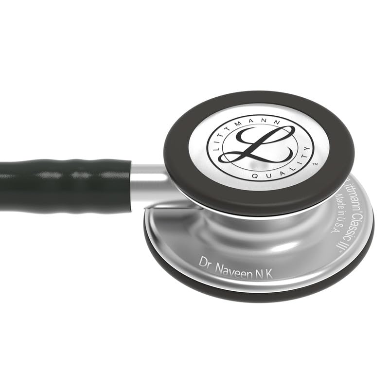 Image of 3M Littmann 5870 Stethoscope ENGRAVING | Engrave your name or initials on the Littmann stethoscope | Classic III Monitoring, Rainbow-Finish Chestpiece, Black Stem and Headset, Black Tube, 27 inch