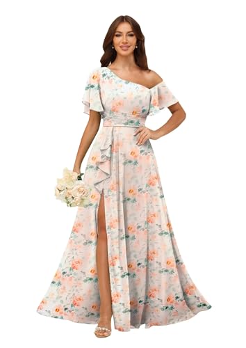 Image of One Shoulder Bridesmaid Dresses for Women with Pockets Short Sleeve Ruffled Chiffon Formal Evening Gowns