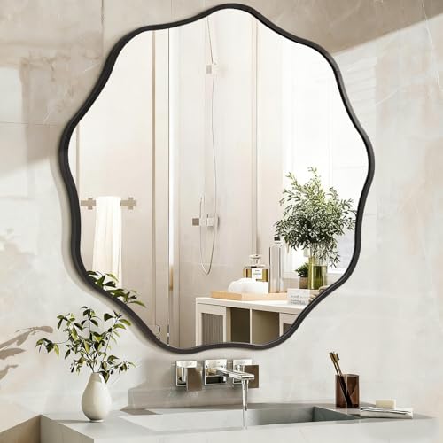 HLFMVWE Black Round Wavy Wall Mirror, 24'' Circle Modern Metal
