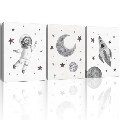 Image of Yuzi-n Space Decor Posters, Set of 3 (12x15 Inches), Outer Space Room Decor for Boys Room, Grey and White Wall Art Prints