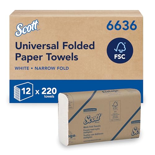 Image of Scott Essential Hand Towels, Narrow Fold White Paper Towels for Bathroom, Soft, Strong, Eco-Friendly, Highly Absorbent, 12 Clips x 220 N-Fold Paper Sheets (2,640 Sheets Total), model nr. 6636