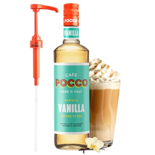 Cafe Pocco Premium Vanilla Coffee Syrup with Pump - Gluten Free and Vegan Syrup, Ideal for Lattes, Cappuccinos, Espresso, Americano - Glass Bottle 750ml (Pack of 1)