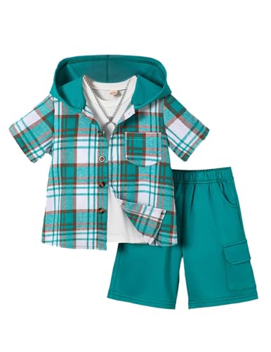 Image of Boys Clothes Shorts Sets Plaid Short Sleeve Hooded Button Shirt and Jogger Shorts for Kids Summer Outfits