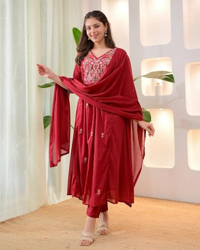 Image of KLOSIA Women Embroidery Solid Anarkali Kurta and Pant Set with Dupatta