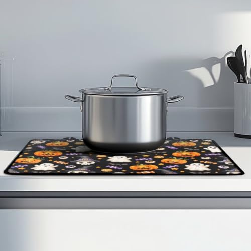 Image of Electric Stove Top Covers Heat Resistant Glass Ceramic Cooktop Cover Mat, Halloween 2026 Kitchen Decor Scratch Resistant Flat Top Stove Cover, 29 x 21 Inch, Ghost Pumpkin Skull Candy Print