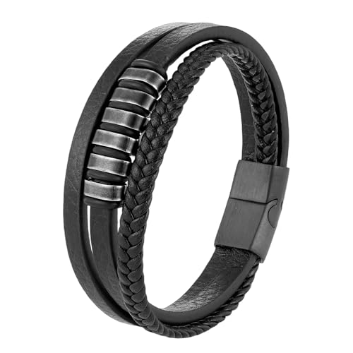 Image of THE MEN THING Leather Bracelet for Men - American Style Genuine Leather Multi-Layer Braided Bracelet with 100% Stainless Steel Magnetic Buckle for Men & Boys (8 inch)