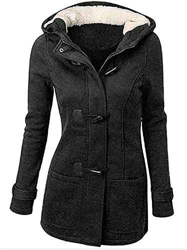 Angel ZYJ Abrigos con Horn Botones Mujer Invierno Elegantes Slim Chaqueta con Capucha Lana Capa Jacket Sudadera Pullover Outwear Parka (Gris Oscuro, M) Cover